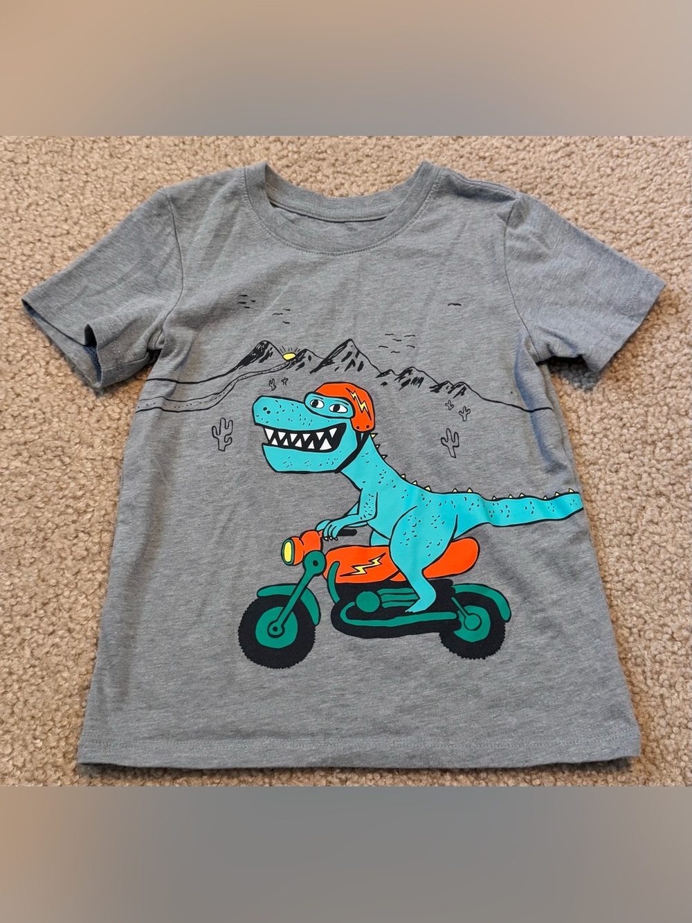 Cat & Jack Grey Tee with Turquoise Dino on Orange Motorcycle